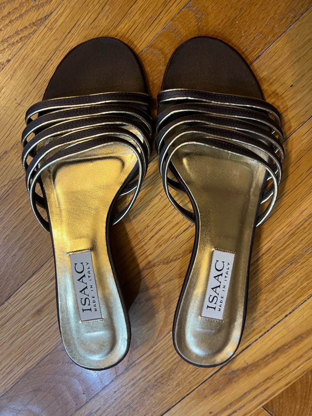 Isaac Mizrahi Metallic Gold/Brown Strappy Heeled Sandals for Women Made in Italy